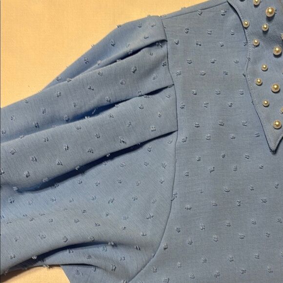 By Blue Embellished Blouse with Romantic Puff Pleated Sleeves & notched collar - Picture 6 of 8
